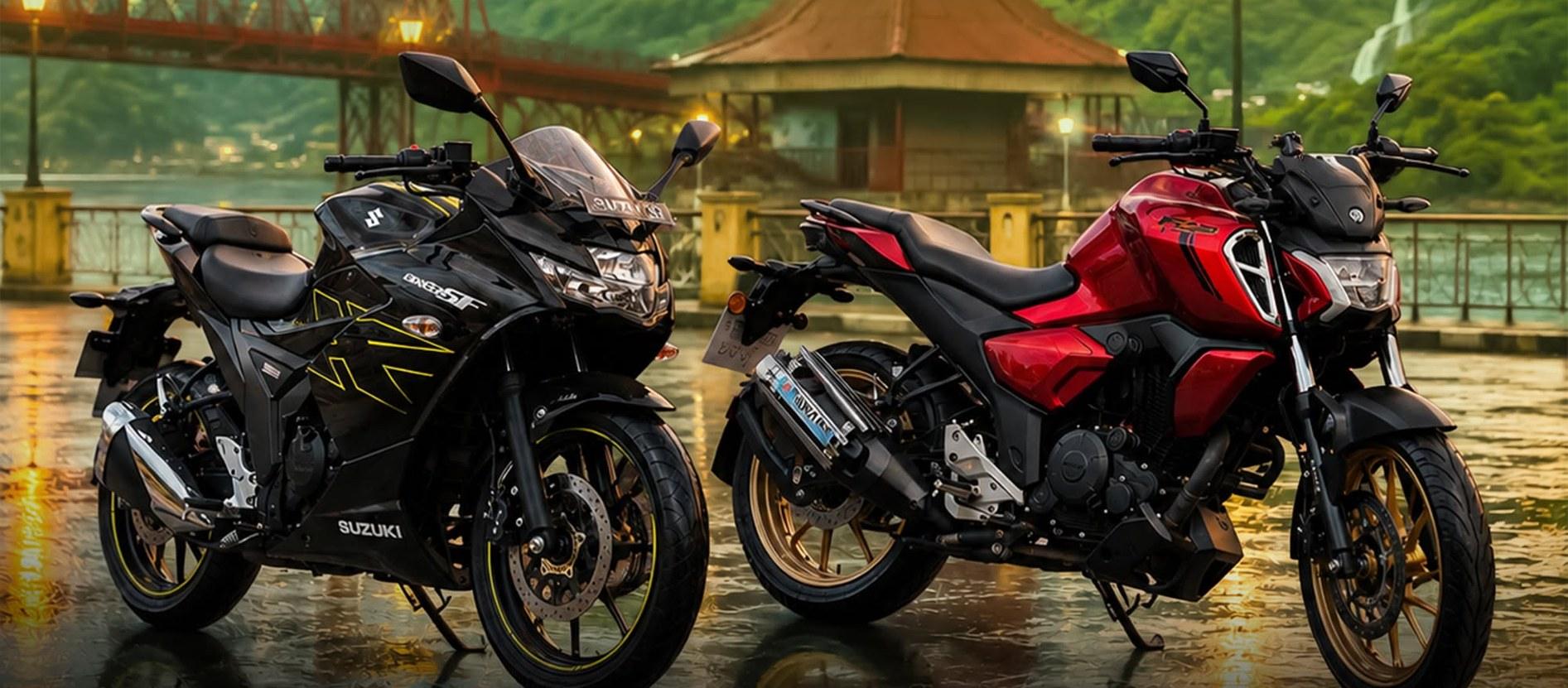 Suzuki Gixxer SF and Yamaha FZ on a wet Sylhet evening — Road Rush