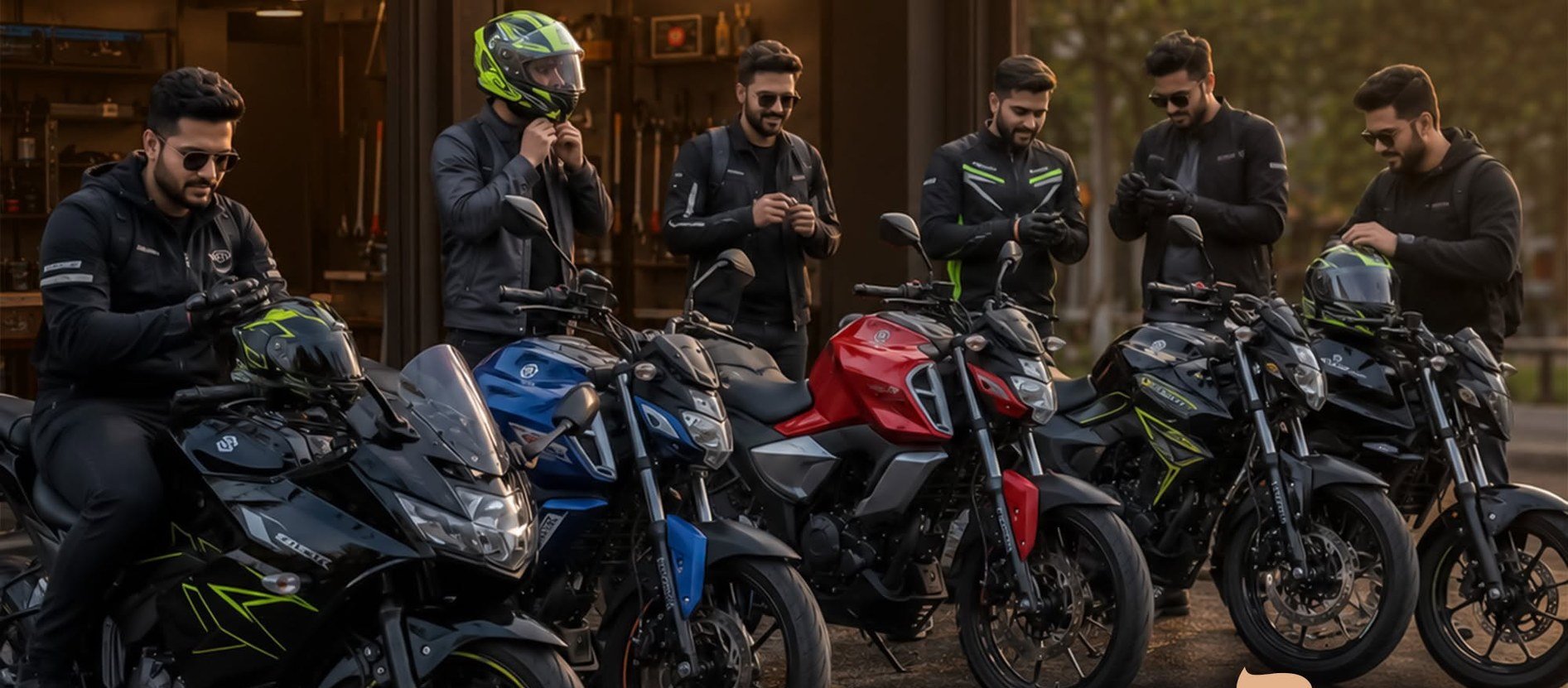 The Road Rush fleet and riders at the Ambarkhana shop